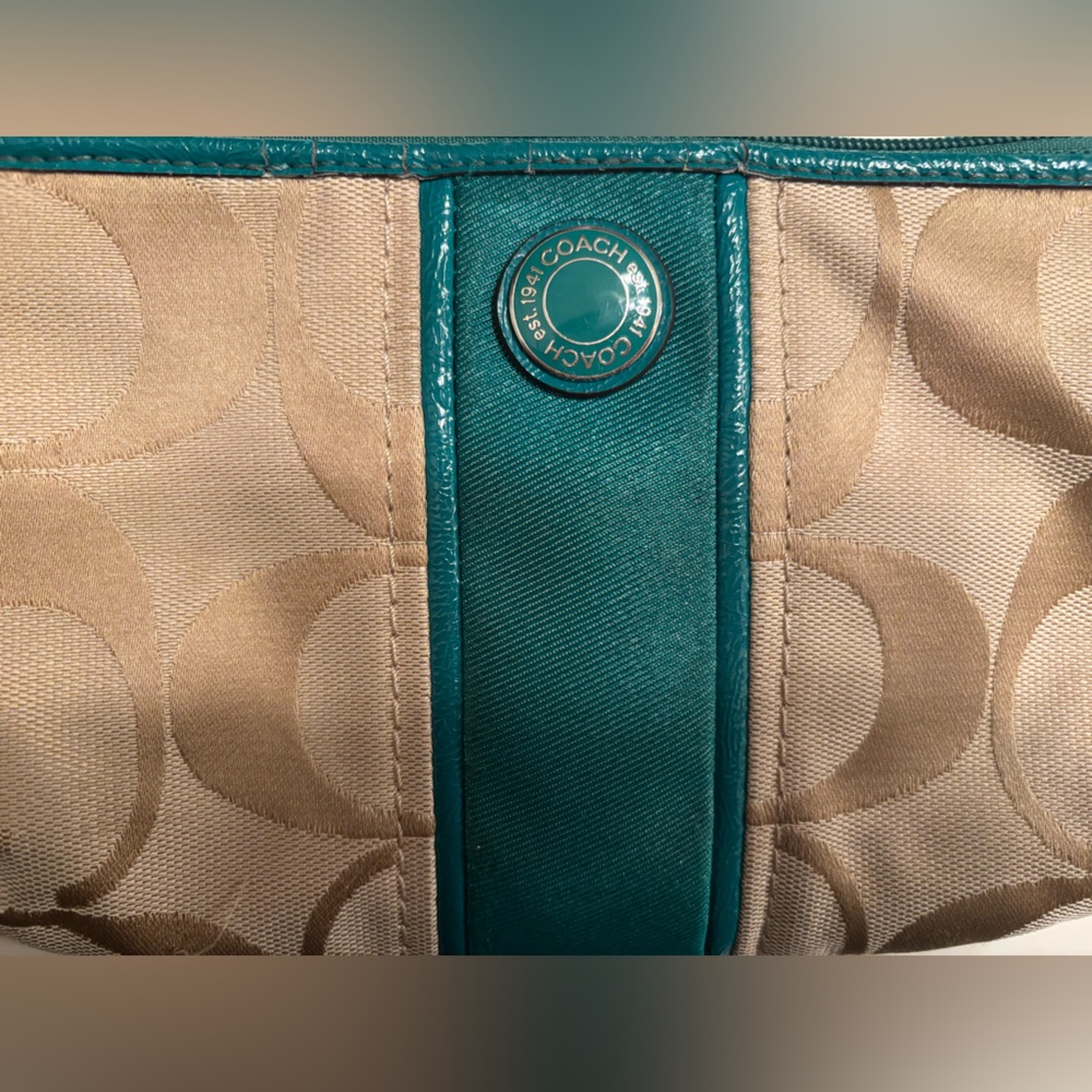 Coach Beige and Teal Signature Clutch